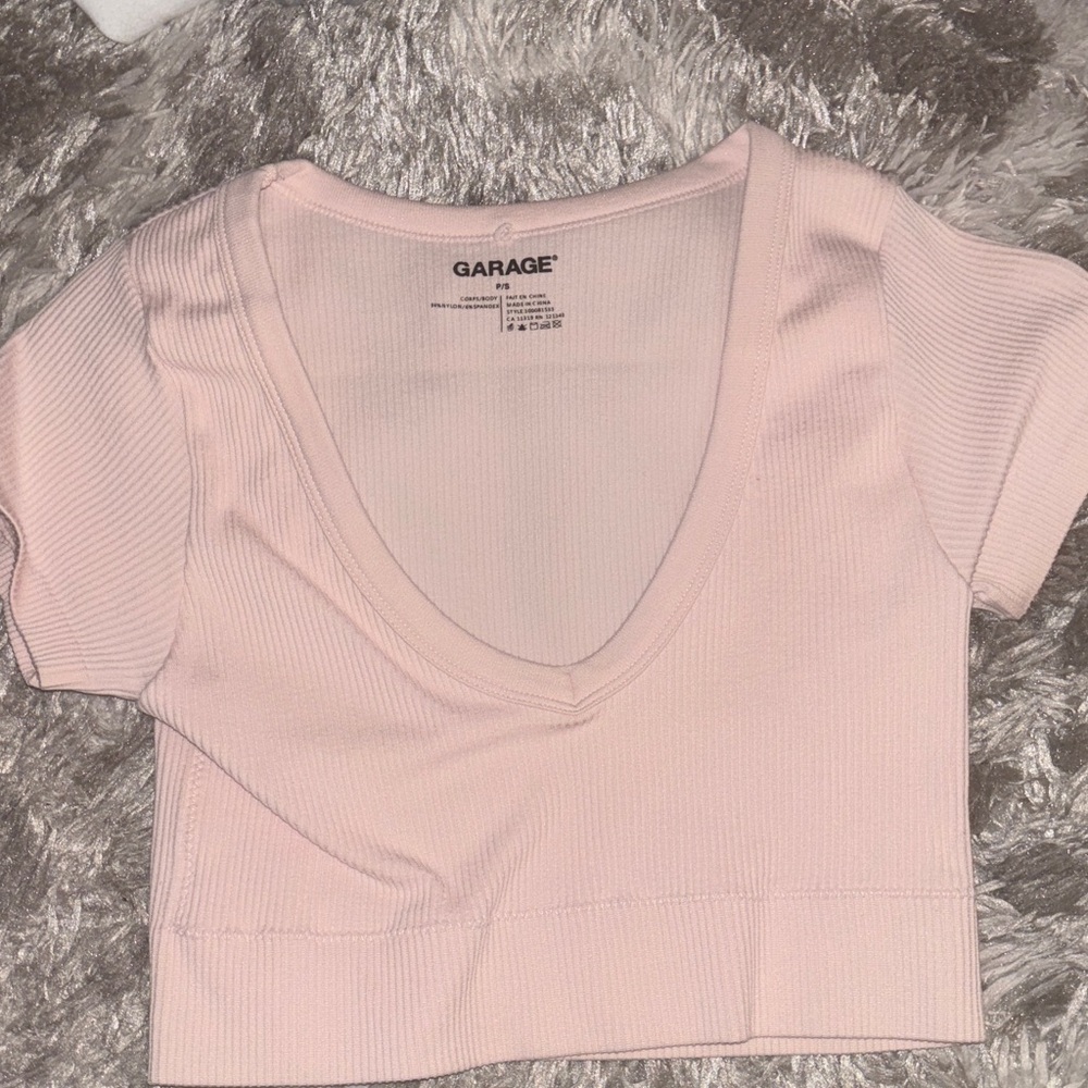 Garage Light Pink V-Neck Ribbed Crop Top